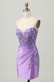 Light Blue Satin Ruched Short Corset Homecoming Dress with Appliques