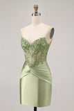 Sparkly Green Corset Satin Tight Short Homecoming Dress with Beading