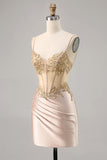 Sparkly Champagne Corset Tight Short Homecoming Dress with Lace