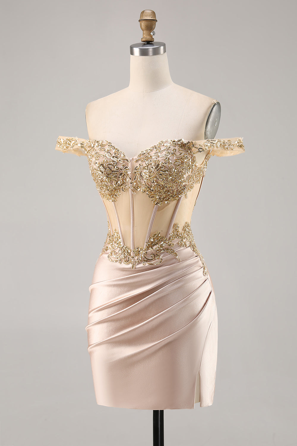 Sparkly Champagne Satin Corset Short Homecoming Dress with Lace