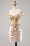 Sparkly Champagne Satin Corset Short Homecoming Dress with Lace