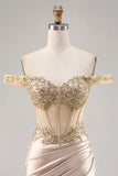 Sparkly Champagne Satin Corset Short Homecoming Dress with Lace