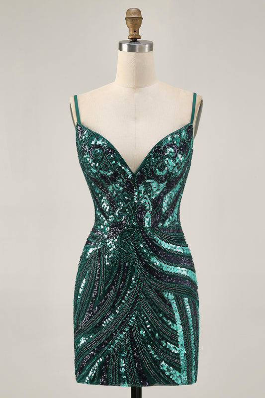 Zapakasa Women Sparkly Dark Green Sequins Homecoming Dress with Beading Strapless Tight Short Cocktail Dress