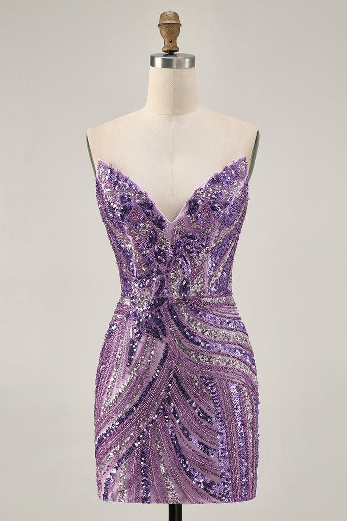 Zapakasa Women Sparkly Purple Short Homecoming Dress with Beading Tight ...
