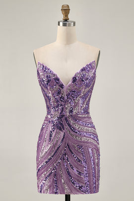 Zapakasa Women Sparkly Purple Short Homecoming Dress with Beading Tight Strapless Sequins Cocktail Dress