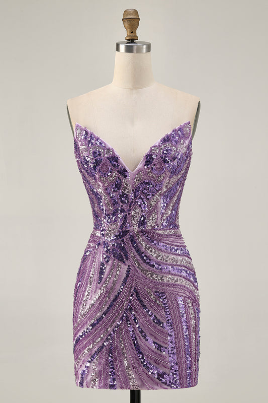 Sparkly Purple Tight Beaded Strapless Short Homecoming Dress
