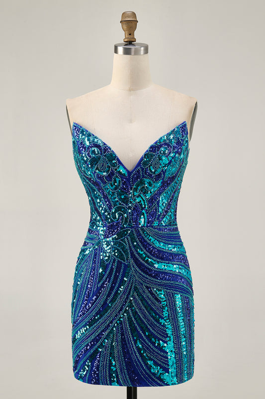 Sparkly Royal Blue Beaded Tight Strapless Short Homecoming Dress