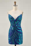 Zapakasa Women Sparkly Royal Blue Sequins Homecoming Dress with Beading Tight Strapless Short Cocktail Dress