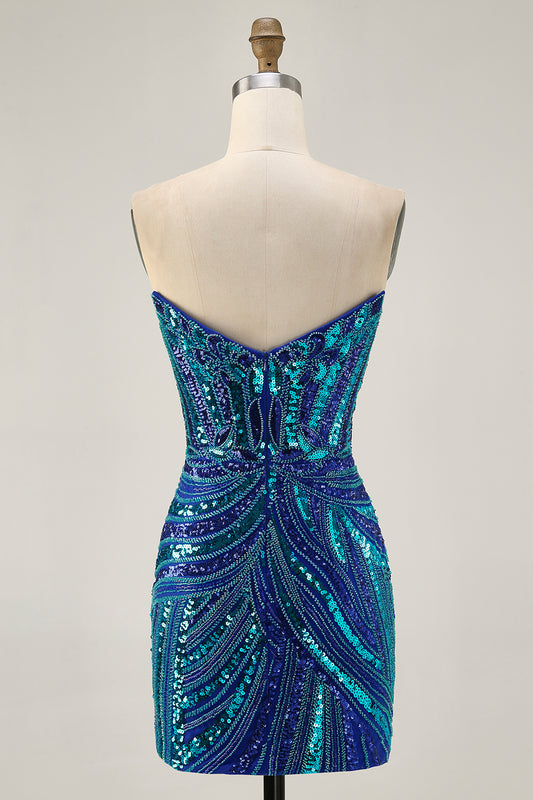 Sparkly Royal Blue Beaded Tight Strapless Short Homecoming Dress