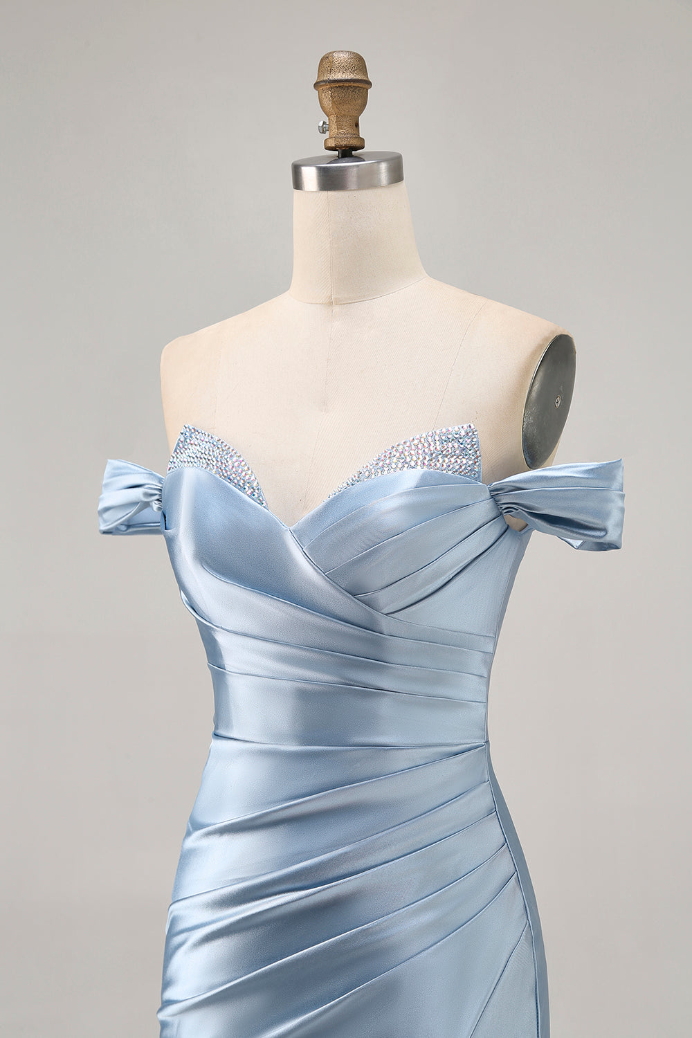 Grey Blue Satin Ruched Off the Shoulder Short Homecoming Dress