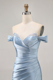 Grey Blue Satin Ruched Off the Shoulder Short Homecoming Dress