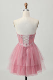 Glitter Dusty Rose Tulle Ruffled Short Tiered Corset Homecoming Dress