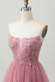 Glitter Dusty Rose Tulle Ruffled Short Tiered Corset Homecoming Dress
