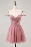 Sparkly Dusty Rose Floral Lace Short Corset Homecoming Dress