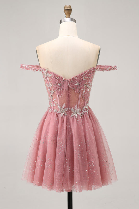 Sparkly Dusty Rose Floral Lace Short Corset Homecoming Dress