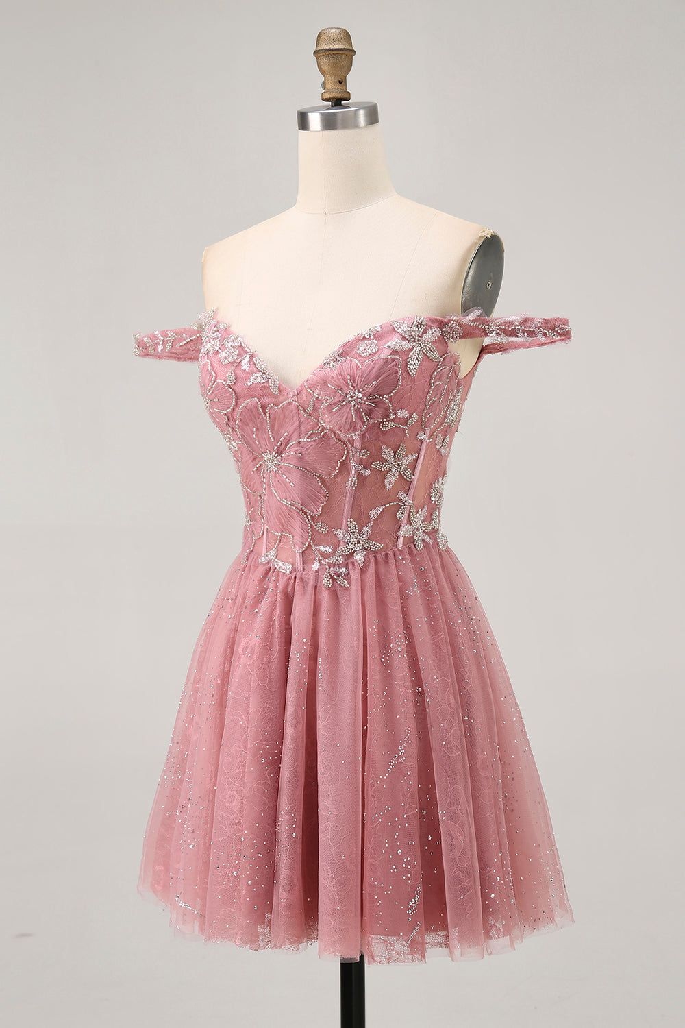 Zapakasa Women Sparkly Dusty Rose Floral Short Corset Homecoming Dress Lace A Line Off the Shoulder Cocktail Dress with Beading Zapakasa Women Sparkly Dusty Rose Floral Short Corset Homecoming Dress Lace A Line Off the Shoulder Cocktail Dress with Beading