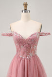 Sparkly Dusty Rose Floral Lace Short Corset Homecoming Dress