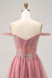 Sparkly Dusty Rose Floral Lace Short Corset Homecoming Dress