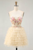 Apricot Floral Corset Spaghetti Straps Short Homecoming Dress with Ruffles