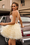 Apricot Floral Corset Spaghetti Straps Short Homecoming Dress with Ruffles