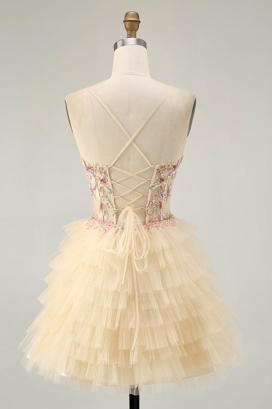 Apricot Floral Corset Short Tiered Homecoming Dress with Ruffles
