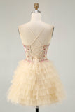Apricot Floral Corset Spaghetti Straps Short Homecoming Dress with Ruffles
