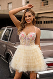 Apricot Floral Corset Spaghetti Straps Short Homecoming Dress with Ruffles