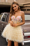 Apricot Floral Corset Spaghetti Straps Short Homecoming Dress with Ruffles