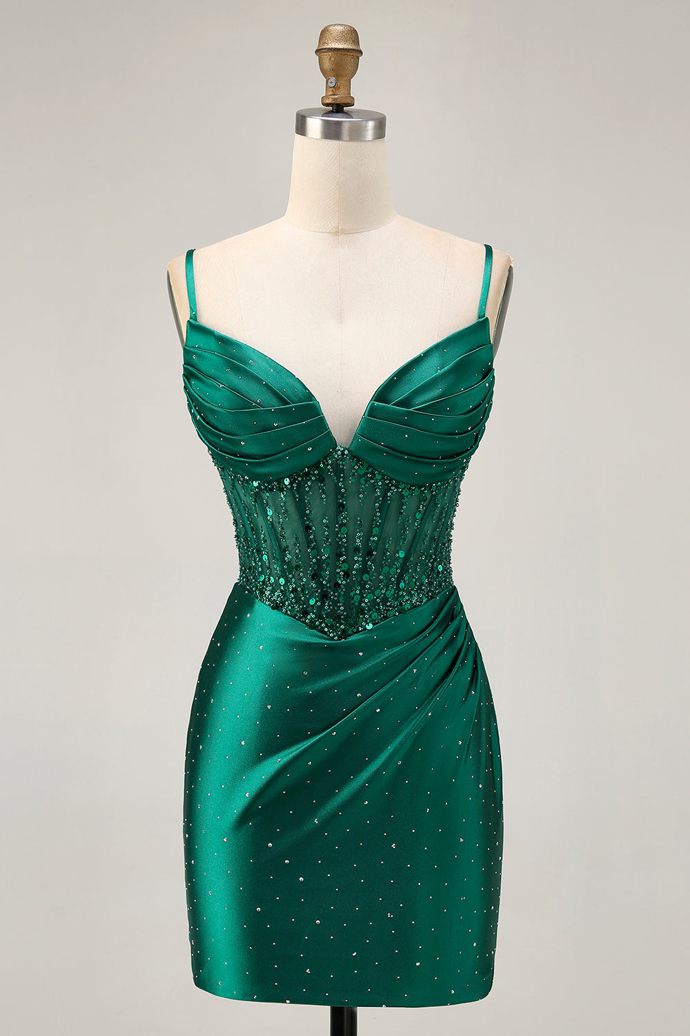 Sparkly Dark Green Tight Corset Satin Short Homecoming Dress with Beading