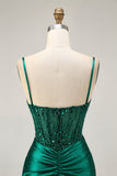 Sparkly Dark Green Satin Corset Short Tight Homecoming Dress with Beading
