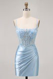 Sparkly Blue Corset Satin Tight Short Homecoming Dress with Lace