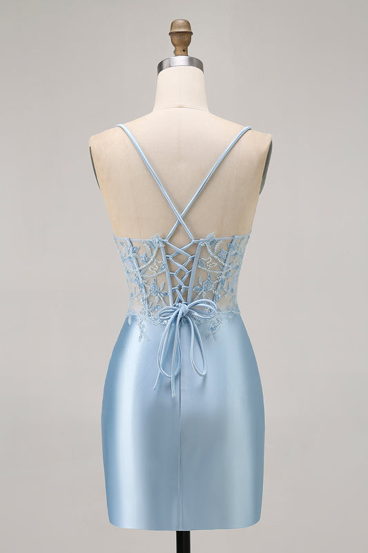 Sparkly Blue Corset Satin Tight Short Homecoming Dress with Lace