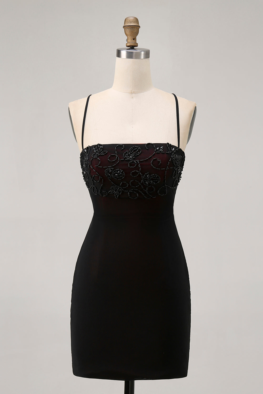 Black Tight Spaghetti Straps Short Homecoming Dress with Beading