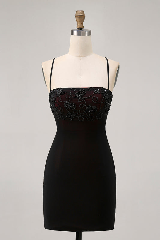 Black Tight Spaghetti Straps Short Homecoming Dress with Beading