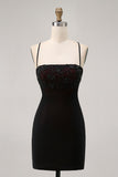 Black Tight Spaghetti Straps Short Homecoming Dress with Beading