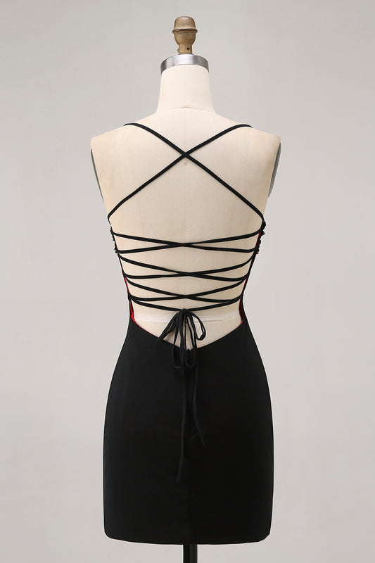 Black Tight Spaghetti Straps Short Homecoming Dress with Beading