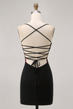 Black Tight Spaghetti Straps Short Homecoming Dress with Beading