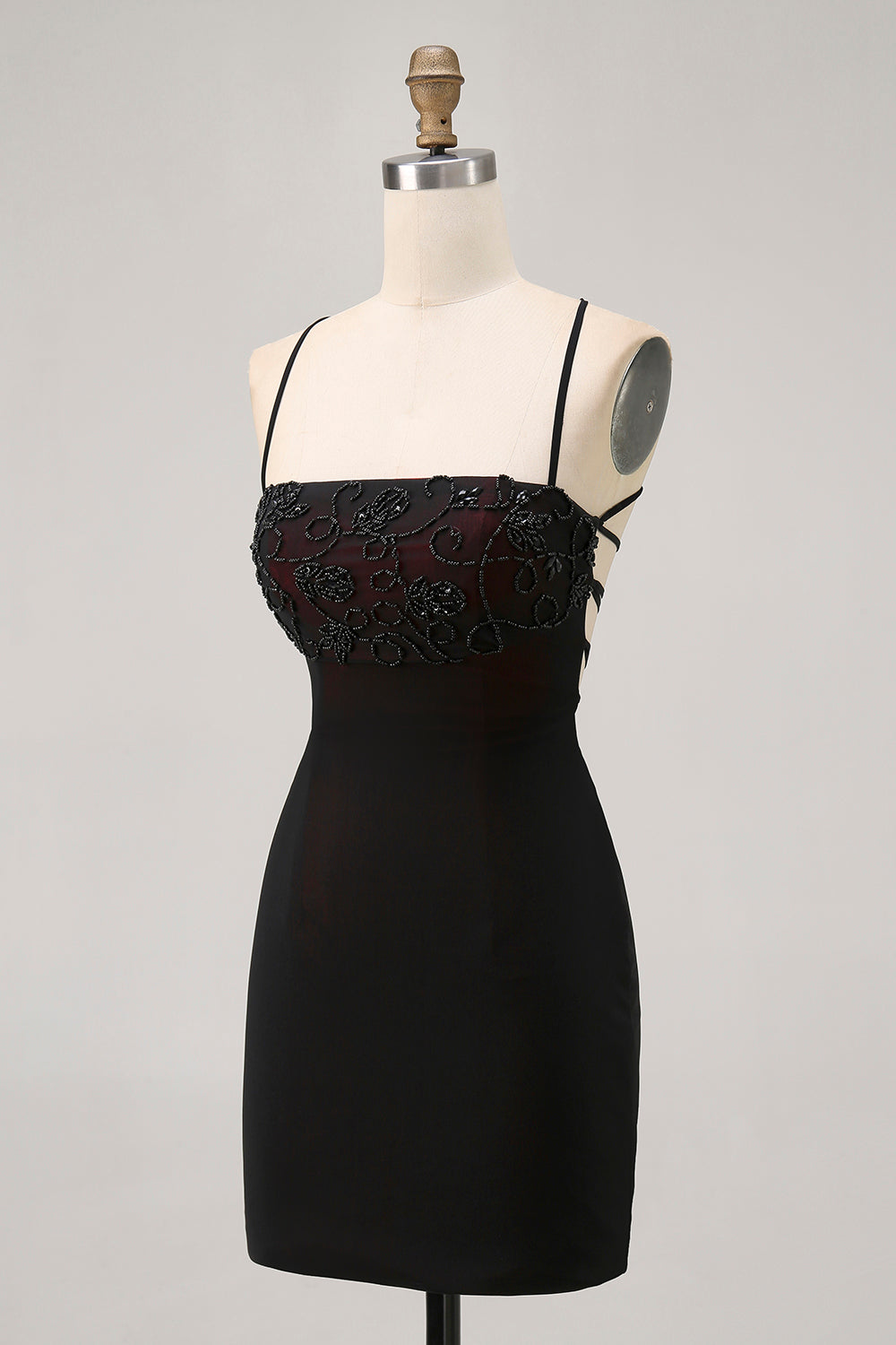 Black Tight Spaghetti Straps Short Homecoming Dress with Beading