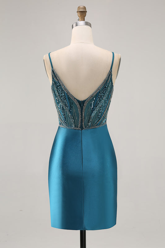 Sparkly Peacock Blue Tight Short Corset Homecoming Dress with Beading