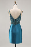 Sparkly Peacock Blue Tight Short Corset Homecoming Dress with Beading