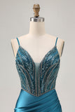 Sparkly Peacock Blue Tight Short Corset Homecoming Dress with Beading