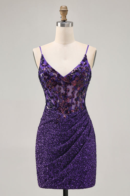 Zapakasa Women Sparkly Dark Purple Tight Short Corset Homecoming Dress Sequin Spaghetti Straps Ruched Lace Up Back Cocktail Dress