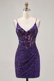 Zapakasa Women Sparkly Dark Purple Tight Short Corset Homecoming Dress Sequin Spaghetti Straps Ruched Lace Up Back Cocktail Dress