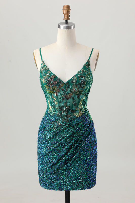 Zapakasa Women Sparkly Dark Green Tight Short Corset Homecoming Dress Sequin Spaghetti Straps Ruched Lace Up Back Cocktail Dress