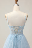 Sparkly Light Blue Tulle Corset A Line Short Homecoming Dress with Beading