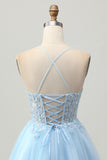 Sparkly Light Blue Tulle Corset Short Homecoming Dress with Appliques