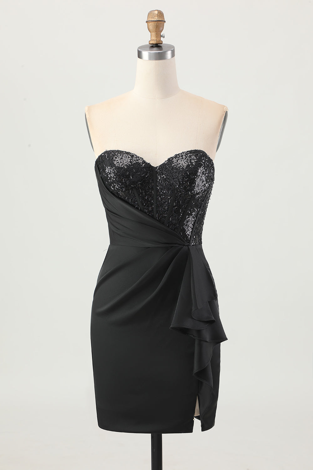 Zapakasa Women Sparkly Black Corset Short Ruffled Homecoming Dress with Sequins Satin Tight Sweetheart Cocktail Dress with Side Cape