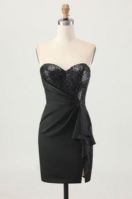 Sparkly Black Corset Strapless Tight Short Homecoming Dress with Sequins