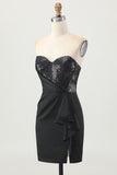 Sparkly Black Corset Strapless Tight Short Homecoming Dress with Sequins