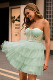 Light Green Corset A Line Short Homecoming Dress with Ruffles